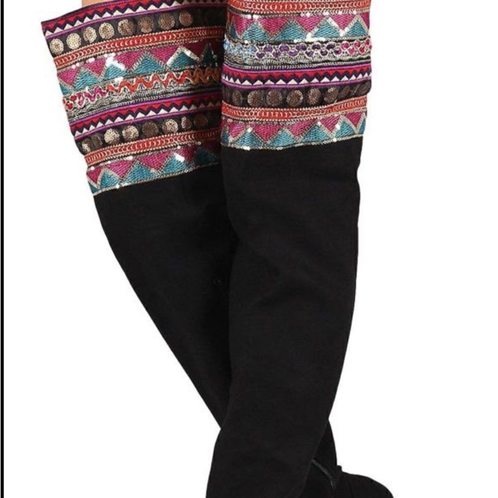 Anne Michelle Synthetic Black Aztec Embroidered Thigh High BootsSZ10